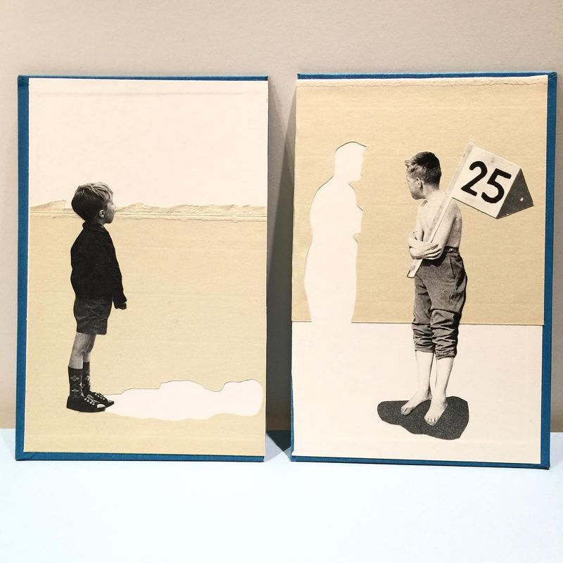 image: At what moment do we stop looking forward and start looking back? / Analog collage on old book...#collagear #collagecollectiveco #analogcollage #c_expo #bookart #childrenart #wonderingmind by vintageart_originals