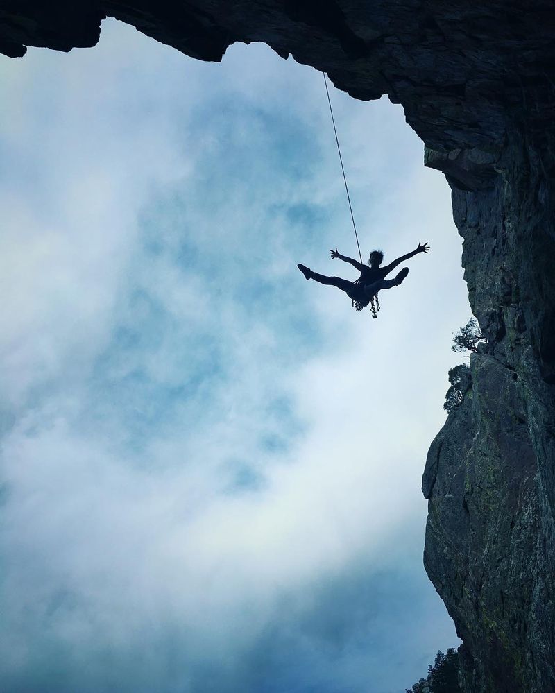 image: My crusher wife Nellie lowering off of Blues Power, a wild overhanging 5.12 crack in Eldorado Canyon, before the rain rolled in today! Eldorado is an acquired taste, but it's pretty damn good! by cedarwright