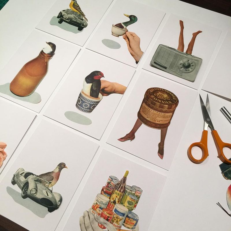 image: Having fun with these mini collages/ art cards. These and some other originals will be soon on sale at @designmuseoshop #collagecards #afordableart #originalart #fiskarsscissors #ourscissors by vintageart_originals